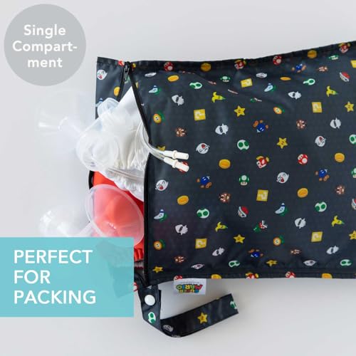 Bumkins Waterproof Wet Bag for Baby, Travel, Swim Suit, Cloth Diapers, Pump Parts, Pool, Beach, Gym Clothes, Toiletry, Hook to Stroller, Daycare, Zipper Reusable Wetdry Packing, Nintendo Super Mario - color: D1 Super Mario Lineup, style: Wet Bag