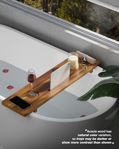 Bathtub Tray, Acacia Bath Tray for Tub, 34.6''x9'' Wooden Bathtub Caddy Tray with Adjustable Legs Fit Various Bathtubs, Anti-Tipping, Sustainable Bath Table with Wine Glass and Tablet Holder - color: Acacia