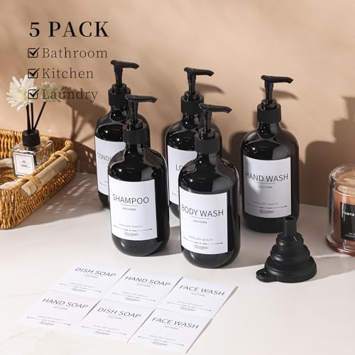 Stylish Shampoo Dispenser Bottles,(5Pack) 16.9oz Black Shampoo Bottles Refillable with Pump,Shampoo and Conditioner Dispenser - color: Black-w