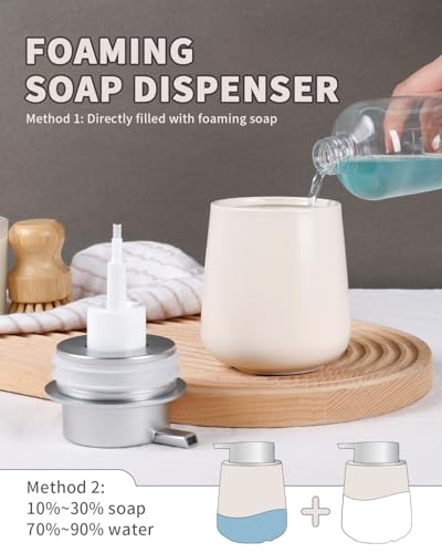 Bosilunlife Ceramic Foaming Soap Dispenser - 12Oz Bathroom Countertop Kitchen Dish Soap Pump Dispenser Foam Soap Dispenser - Beige with Silver - color: Beige With Silver Pump