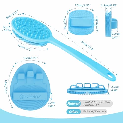 Silicone Back & Face Scrubber & Bath Glove Set 3PCS, 13.4'' Gentle Back Scrubber with Dual-Side Head, 360° Anti-Slip Bath Glove, Unique Side-bristled Face Scrubber for All-Round Cleaning(Blue) - color: Blue*3