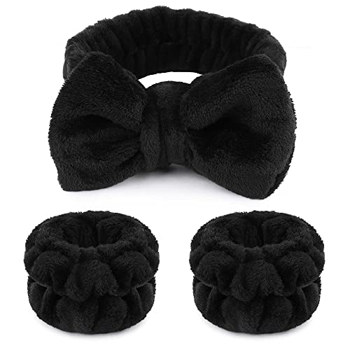 WSYUB Makeup Headbands, 1pcs Black Spa Headband Fluffy Bow Tie Headband Microfiber Face, and 2Pcs Wrist Spa Wash Band Absorbent Wristbands, for Washing Face Skin Care - color: Black