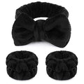 WSYUB Makeup Headbands, 1pcs Black Spa Headband Fluffy Bow Tie Headband Microfiber Face, and 2Pcs Wrist Spa Wash Band Absorbent Wristbands, for Washing Face Skin Care - color: Black