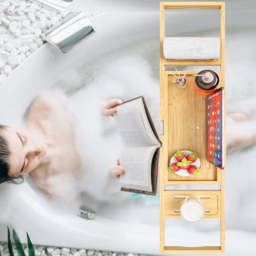 Premium Bathtub Tray - Expandable Bamboo Wooden Bath Trays for Bathub - Bath Tub Table Tray for Bathtub/Tub,Adjustable Size, Fits Most Tubs - color: Bamboo Wood Natural