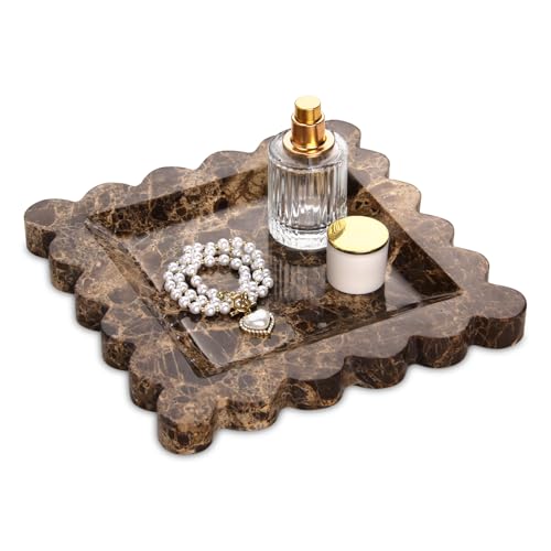 Square Marble Decorative Tray with Scalloped Edge,Luxury Natural Stone Bathroom Vanity Tray, Dresser Top Perfume Coffee Home Kitchen Sink Tray, Key Trinket Ring (Dark Brown, 8 * 8) - color: Dark Brown, size: 8" x 8" x 0.8"