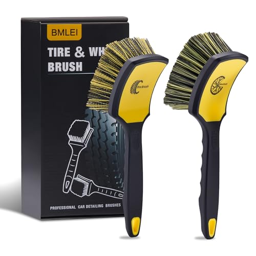 BMLEI Wheel & Tire Brush Set, 2 Pack Car Wheel Brush & Tire Cleaner Brushes, Soft Bristle Rim Brush and Stiff Tire Scrub Brush, Scratch-Free Wheel Cleaning Kit for Car Detailing, Trucks, SUVs - color: Yellow&black