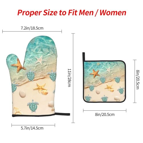 Sea Turtles Beach Oven Mitts and Pot Holders Sets of 3 Nautical Kitchen Decor Heat Resistant Hot Pads Teal Nautical Decorative Oven Gloves for Cooking Grilling Baking - color: Sea Turtles
