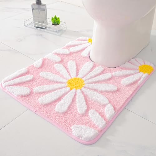 QJHOMO Toilet Rugs U Shaped, Pink Toilet Mat Cute Daisy Contour Bath Rug, Thick Soft Machine Washable Toilet Carpet, Non Slip Bathroom Floor Mats Super Absorbent Microfiber Bath Rugs (20x24 inch) - color: Pink, size: 1'8" x 2' (U-Shape)