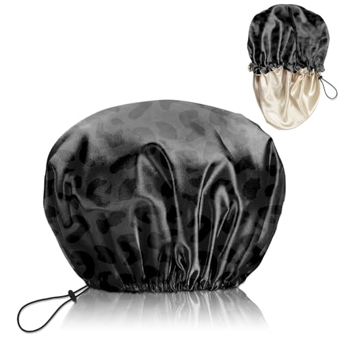 Luxury Shower Cap Satin Lined Reusable Waterproof Double Layer Elastic Adjustable Hair Bath Cap Cute Aesthetic Women Girls-Black Leopard - color: F3-Black Leopard
