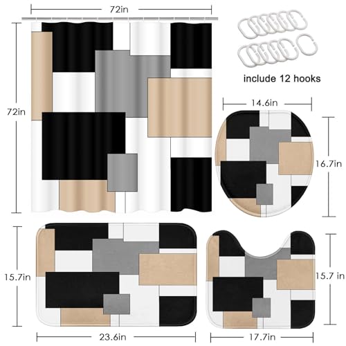 Beige Geometric Shower Curtain Set with Toilet Lid Cover and Non-Slip Rugs for Bathroom, Black Grey White Checkered 4 Pcs Shower Curtain, Modern Abstract Bathroom Set with 12 Hooks - color: Abstract Geometric Beige