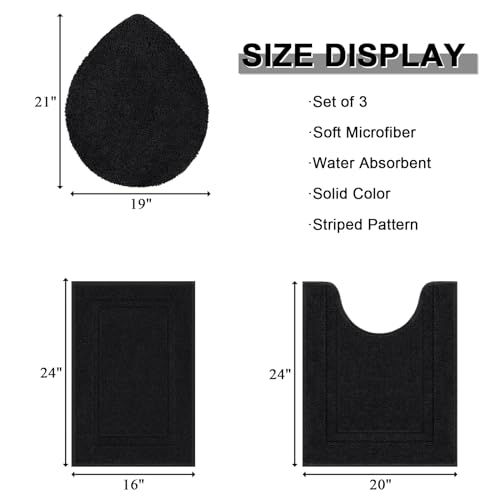 SHACOS Bathroom Rugs Sets 3 Piece with Toilet Lid Cover | 16"x24"Bath Mat and 20"x24" U-Shape Contoured Toilet Mat Machine Washable Shaggy Absorbent Bath Rugs (Black) - color: Black, size: 16"x24"+U-Shape 20"x24"+Lid Cover 19"x21"