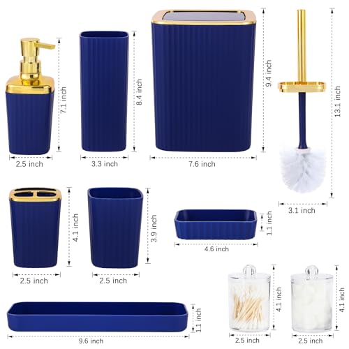 Bathroom Accessory Set,9 Pieces Navy Blue Bathroom Accessories Set with Trash Can, Toothbrush Holder, Soap Dispenser, Toothbrush Cup, Vanity Tray, Soap Dish, Toilet Brush, Qtip Holder - color: Navy Blue