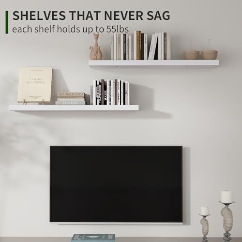Marsmiles Wood Floating Shelves for Wall Set of 2, 36 Inch Wide Rustic Wooden Floating Shelves, Invisible Wall Mounted Display for Living Room Bedroom Kitchen Bathroom Office, Black - color: Washed White, size: 36Inch, Set of 2, (1-2/5"H)