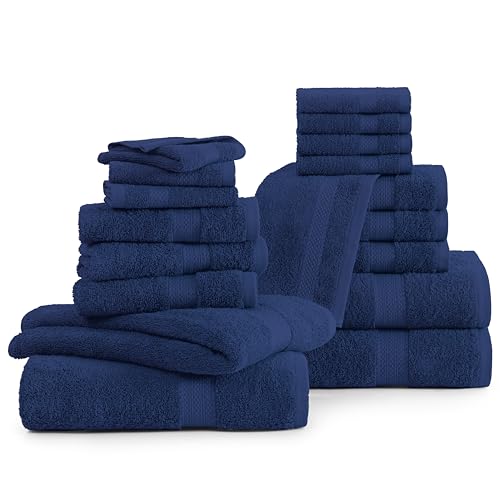 LANE LINEN Cotton Bath Towel Set - 18 Piece - Low Twist, Soft & High Absorbency - 4 Bath, 8 Wash Cloth, 6 Hand Towels - Classic Hotel Quality, Durable & Ideal for Modern Bathrooms - Navy Blue - color: 03: Navy Blue, size: 18 Piece Towel Set