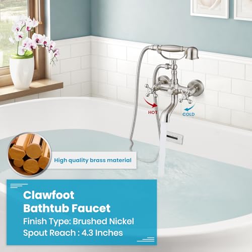 gotonovo Wall Mount Clawfoot Bathtub Faucet with HandHeld Spray and 360° Double Cross Handle Swivel Spout Vintage Tub Shower Faucet Set with Adapter Adjustable Swing Arms Brushed Nickel - color: Brushed Nickel
