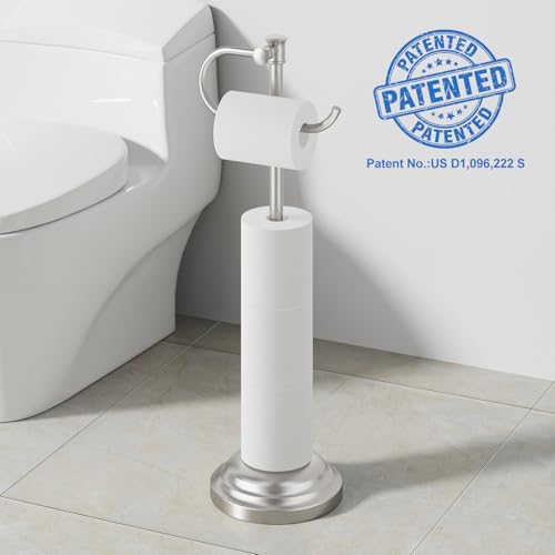 RUMOSE Toilet Paper Holder Stand for Floor, Brushed Nickel Bathroom Free Standing Toilet Tissue Roll Holder with Storage, Adjustable 17-25 Inch, SUS304 Stainless Steel - color: Brushed Nickel