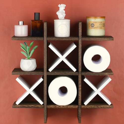 Weysat Tic Tac Toe Toilet Paper Holder Stand Bathroom Wall Decor Rustic Wooden Hanging Storage Freestanding Wall Mounted Shelves Decor for Toilet Tissue Farmhouse - color: White, Dark Brown