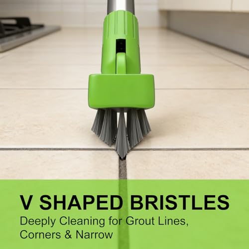 2 Pack Grout Brush with Long Handle, Swivel Cleaning Grout Line Scrubber - Durable Handle Grout Cleaner Brush for Bathroom,Tile,Baseboard,Walk in Shower,Corner & Narrow Space (Green) - color: Green