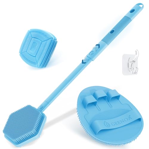 Silicone Back/Face Scrubber & Bath Glove Set 3PCS, Extendable Back Scrubber with Dual-Side Large Head, 360° Anti-Slip Bath Glove, Unique Side-Bristle Face Scrubber for All-Round Cleaning(Blue) - color: Blue*3