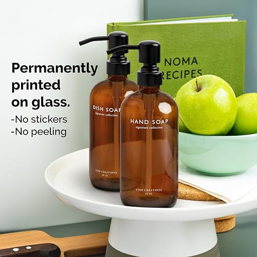 Vine Creations Amber Glass Soap Dispenser Set, Dish Soap and Hand Soap Dispenser Set with Stainless Steel Pump, 16 oz Glass Dispensers for Kitchen or Bathroom Decor (Amber Bottle/Matte Black Pump) - color: Amber Bottle / Matte Black Pump