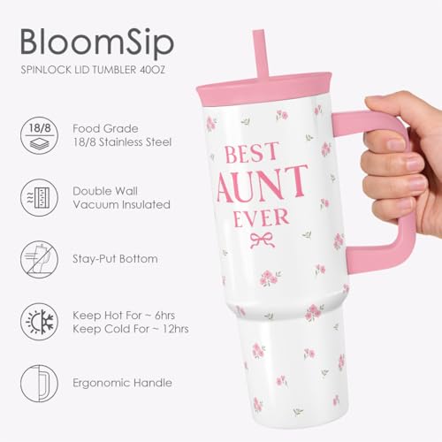 Aunt Gift from Niece Nephew, Stainless Steel Locking Lid Silicone Straw Tumbler with Handle 40oz, Best Aunt Ever Insulated Travel Cup for Aunties, Gift Idea for Birthday Christmas Mothers Day - color: Aunt
