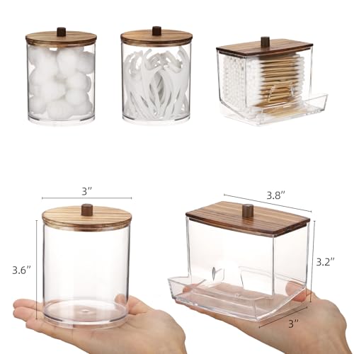 Tbestmax Qtips Dispenser Bathroom Container, 10/12 oz Big Cotton Ball Holder, Apothecary Jar Organizer for Storage Cotton Swab, Round Pads, Floss Picks (Brown Wood Lids) - color: 12oz&10oz Brown Wood