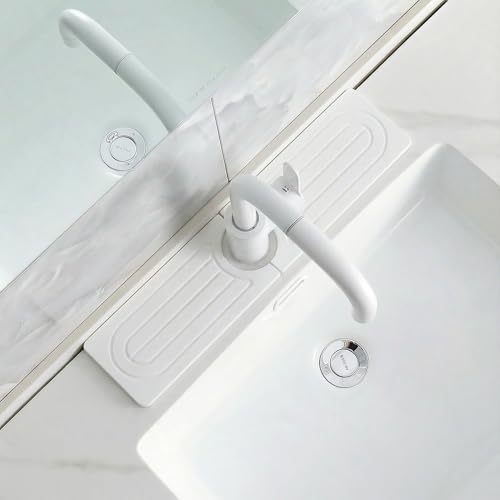Diatomite Faucet Mat for Kitchen Sink, Quick-Dry Stone-Like Sink Mat, Flat Lay Absorbent Countertop Drying Mat for Faucet Area, Hard Diatomite Mat, White, 15.8 x 4 in - color: White-D2