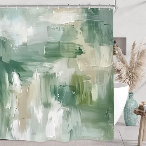 Miyotaa Abstract Sage Green Shower Curtain Set 60Wx71H Inches Brush Stroke Art Neutral Modern Contemporary Oil Painting Waterproof Bathroom Curtain with 12 Hooks - color: Abstract Sage Green, size: 60"W x 71"L (Pack of 1)