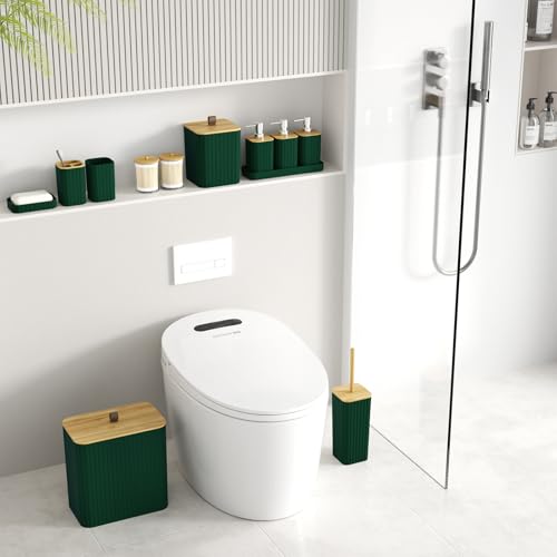 Bathroom Accessory Set - Green Bathroom Set, 12PC Bathroom Accessories Set, Green Bathroom Accessories Set, Mini Trash Can, Toilet Brush, Trash Can & Soap Dispenser - size: Bathroom Set, style: Dark Green