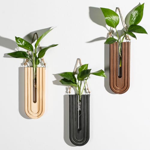 Dnnnii Indoor Wood Wall Planter Set of 3 for Plants - Boho Handmade Hanging Propagation Station with Curved Rainbow Design, Wall Mounted Vase for Flowers, Natural Home Decor Living Room Entryway - color: Black + Brown + Dark Brown
