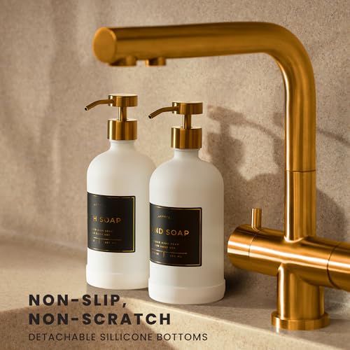 Hand and Dish Soap Dispenser for Kitchen and Bathroom, Set of 2 16 Oz Glass Bottles, Stainless Steel Pumps, Non-Slip Silicone Base, 27 Waterproof Labels (Matte White Bottle/Brushed Gold Pump) - color: Matte White Bottle / Brushed Gold Pump