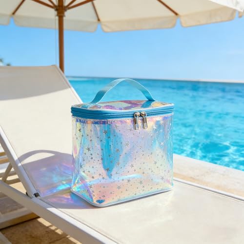 Holographic Star Print Pink Makeup Bag - Portable & Waterproof Barrel-Shaped Toiletry Bag, 8.27x6.7x6.3in Cosmetic Case for Women & Men (Blue Star) - color: Holographic Blue