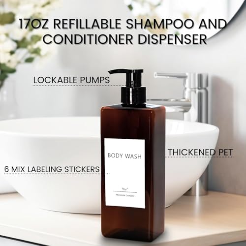 Shampoo and Conditioner Dispenser Set, 6PCS Refillable Shampoo and Conditioner Bottles with Labels, 500ml Soap Dispenser 16.9oz Shower Dispenser Square Pump Bottle for Bathroom and Kitchen - Amber - color: Amber - 6pack 16.9oz