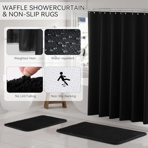 Black Bathroom Set,Black Bathroom Accessories Set with Shower Curtain and Rugs, Bath Towel Set, Natural Loofah Sponge, Soap Dispenser, Toothbrush Holder, Bathroom Tumbler and Tray for Bathroom - size: Bath Set+Shower Curtain+Rugs+Towel Set+2PCS Loofah, st