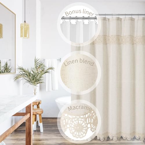 Gibelle Long Boho Farmhouse Shower Curtain Set with Liner, Linen Bohemian French Country Bathroom Curtain 72x78 - Beige/Cream - color: Beige-liner Set, size: 72"W x 78"L (Pack of 1)