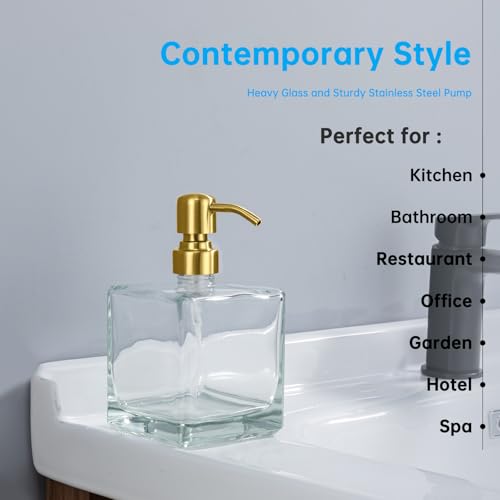 Square Bathroom Soap Dispenser Brushed Gold, 16 oz Glass Bottles with Stainless Steel Pump Retangle Cube Liquid Large Capacity Soap Dispenser Kitchen - color: Gold, size: 16.9oz-Square