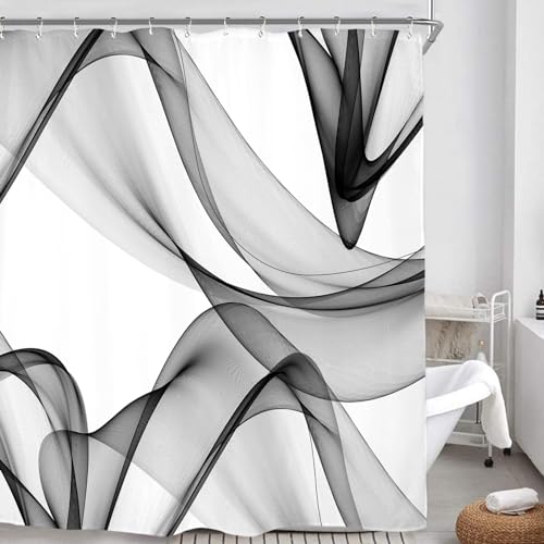Miyotaa Black White Gray Shower Curtain Set 60Wx71H Inches Abstract Modern Contemporary Art Waves 3D Polyester Waterproof Bathroom Curtain with 12 Hooks - color: Black White Gray Waves, size: 60"W x 71"L (Pack of 1)