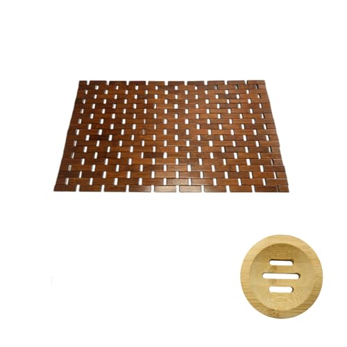 Bamboo Bath Mat Brown 24 x 16 Inches and Soap Dish Set Bathroom Rugs Non Slip Washable Bamboo Shower Mat Bathtub Mat Non Slip for Kitchen Sauna Spa Hot Tub Outdoor Bathroom Décor - color: Brown, size: 24x16