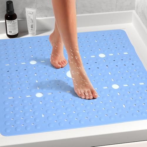 Large Square Shower Mat 27 x 27 Inch Light Blue, Non Slip Shower Bathtub Mats for Inside Shower with Big Suction Cups Drain Holes, Anti Slip Bathroom Floor Stall Mats, Easy Clean, BPA-Free - color: Light Blue