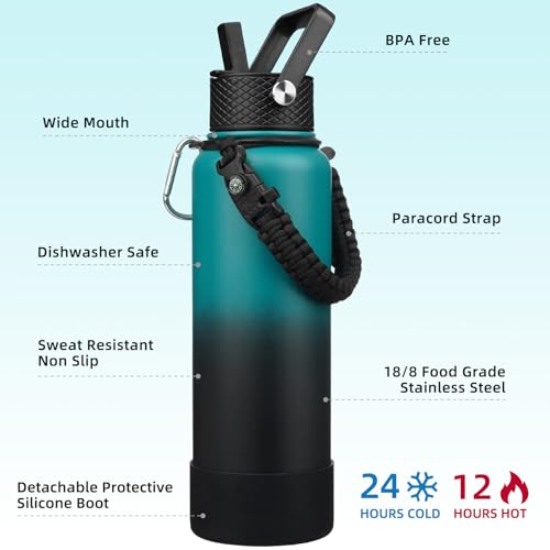 BJPKPK Insulated Water Bottles with Straw Lid, 40oz Large Water Bottle with 3 Lids, Paracord Handle & Non-slip Boot, BPA Free Stainless Steel Metal Jugs,Tumblers,Cups, Army Green & Black - color: Army Green & Black, size: 40 Ounces