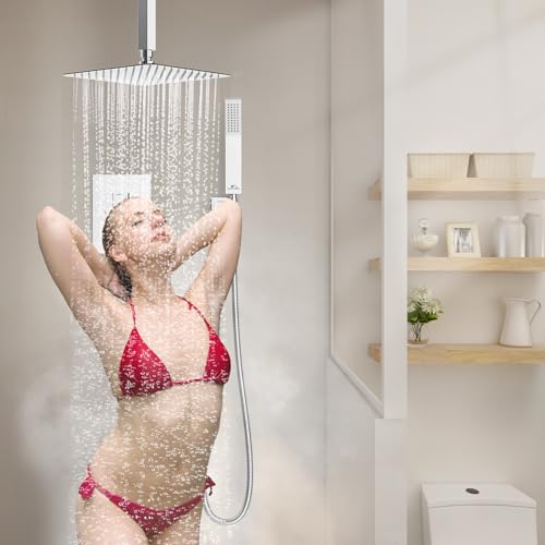 SunCleanse Rainfall Shower Faucet Set Polished Chrome Shower Combo Set for Bathroom with High Pressure 10 inch Shower Head with Handheld Shower Valves Shower Head and Handheld Ceiling Mounted - color: Polished Chrome, style: 10-ceiling