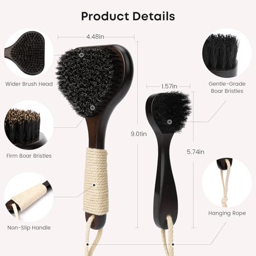 eaxun Bamboo Dry Brushing Set with Body and Face Brush, Dry Scrub Brush with Exfoliating Natural Boar Bristle for Lymphatic Drainage, Cellulite Reduction, Blood Circulation and Glowing Skin, 2 Pack - color: Stiff Boar Bristles