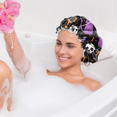 2 PCS Shower Cap Waterproof Double Layer Elastic Adjustable Reusable Hair Bath Caps for Girls Women Cute Aesthetic-Skull Cat - color: G6-Skull Cat