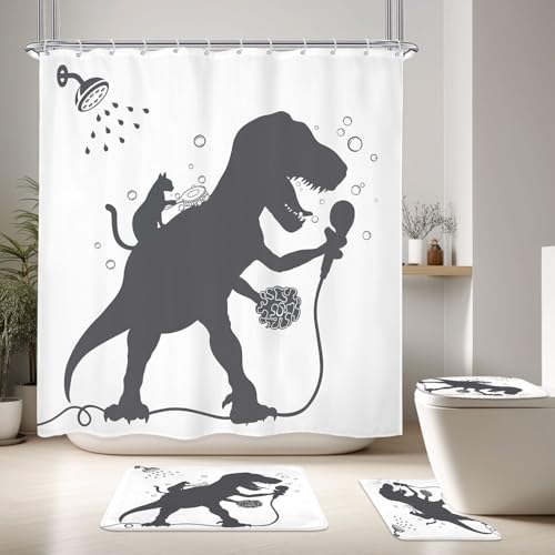 4PCS Kids Funny Dinosaur 71Wx71H Inches Boys Men Dino Cat Animal Shadow Shower Curtain Sets with Rugs, Toilet Lid Cover and Bath Mat, Cute Bath Accessories Art Home Decor Fabric 12 Pack Hooks - color: A4-dinosaur Cat