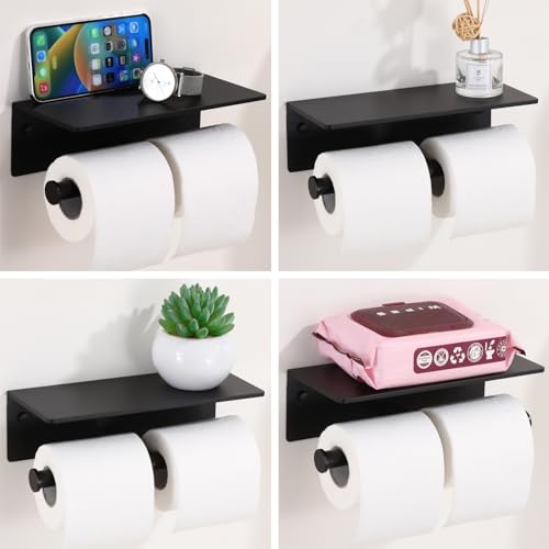 Toilet Paper Holder - Double Rolls Toilet Tissue Holder with Phone Shelf for Bathroom - TP Roll Holder with Wipes Storage, Wall Mounted by Adhesive Pad No Drilling or Screw - Matte Black - color: Black-2 Rolls