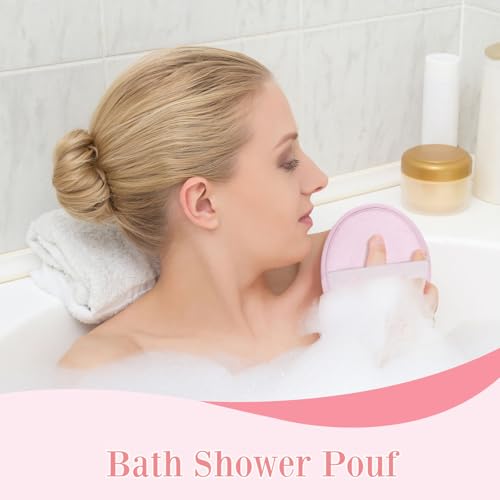 Boao 6 Pcs Bath Shower Pouf Sponge Mesh Pouf Shower Ball Exfoliating Body Sponge Pad Scrubber Glove with Flower Bath Ball (Green,Light Pink) - style: Green,Light Pink