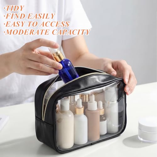 Abbylike 6 Pcs Clear Makeup Bags Bulk PU Leather Cosmetic Pouches Transparent Toiletry Bags with Zipper Waterproof Purse Skincare Car Organizer for Girl Women Travel Gifts(Black) - color: Black