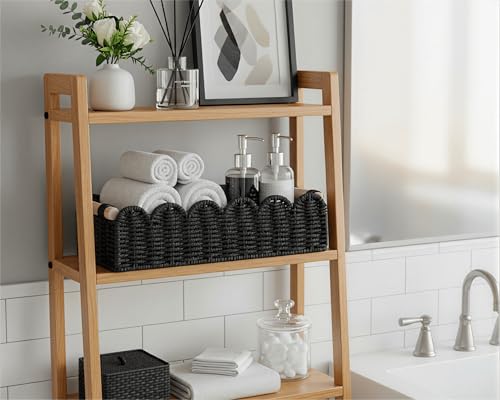 CubesLand Bathroom Basket Organizer, Toilet Tank Paper Storage Baskets 2-Pack, Scalloped Decorative Basket for Countertop w/Handle, Wicker Basket for Bathroom Decor, Home Decor, Living Room, Black - color: Black