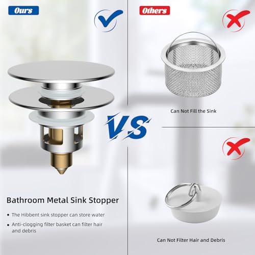 Hibbent All Metal 2 in 1 Bathroom Sink Stopper, Universal Pop Up Drain Strainer, Brass Bullet Core Push Type Sink Stopper for 1.1''~2.3'' Basin, Big Push Button, Anti Clogging Drain Filter, Chrome - color: Chrome