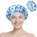 Upgraded Waterproof Terry Shower Caps, Reusable Shower Cap for Women with Long Hair, Soft Absorbent Hair-Protecting Towel Lining Bath Cap, Large Leak-Proof Hair Cap with Fashionable Print Outer-Blue - color: Blue
